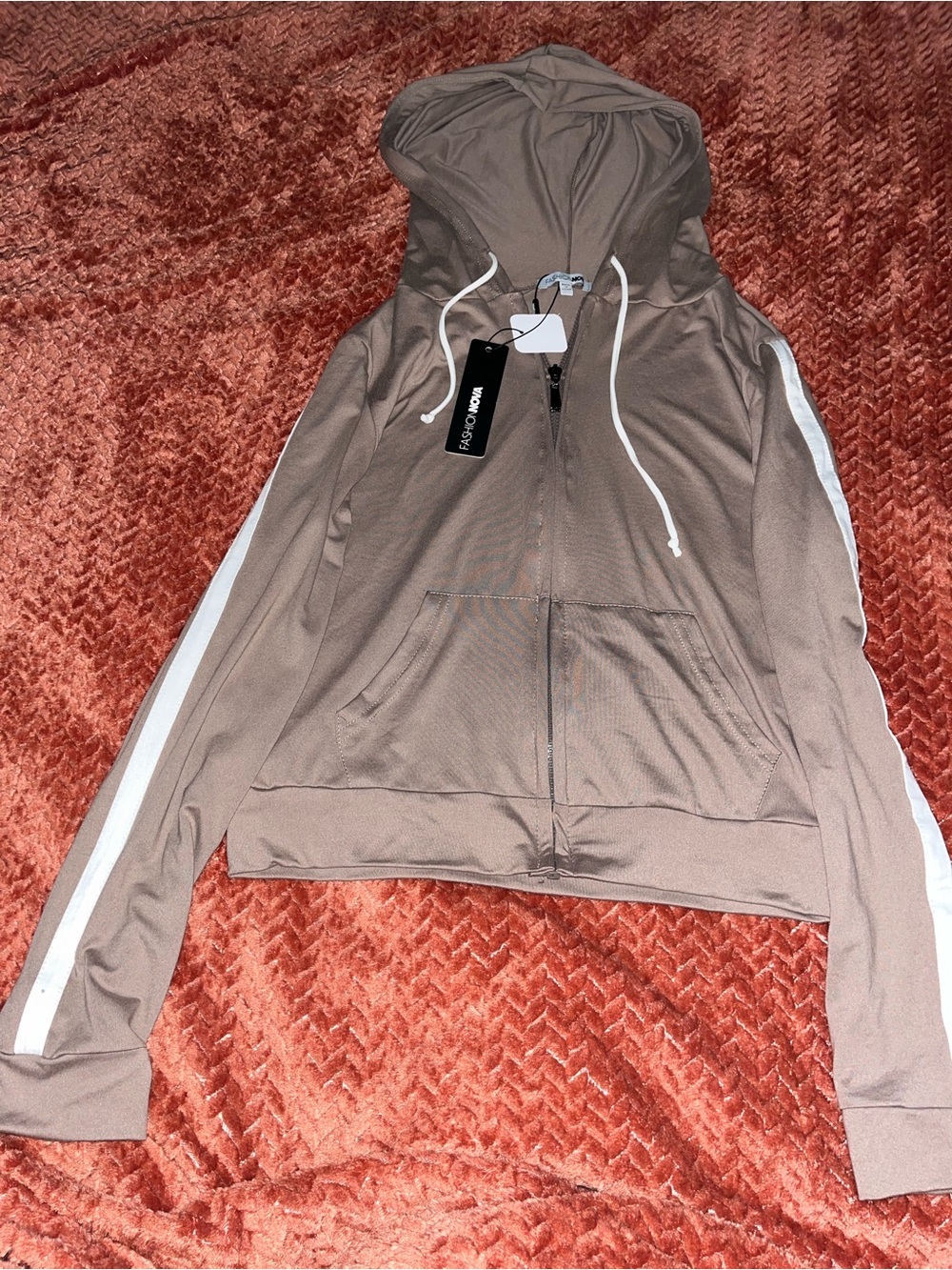 Fashion Nova Taupe Zip Hoodie with White Drawstrings. Size L.